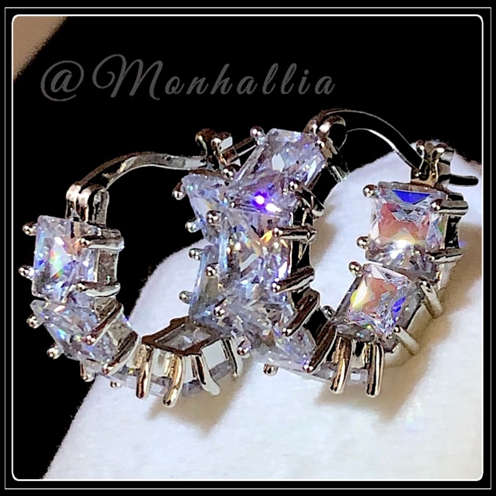 New white gold square cut princess prism simulated diamond huggie earrings